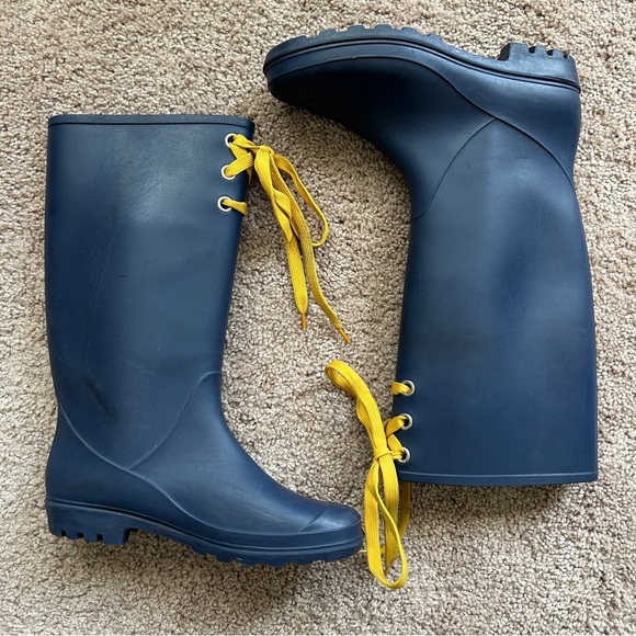 Navy Blue Yellow Lace Rain Boots Size 9 - Picture 5 of 10